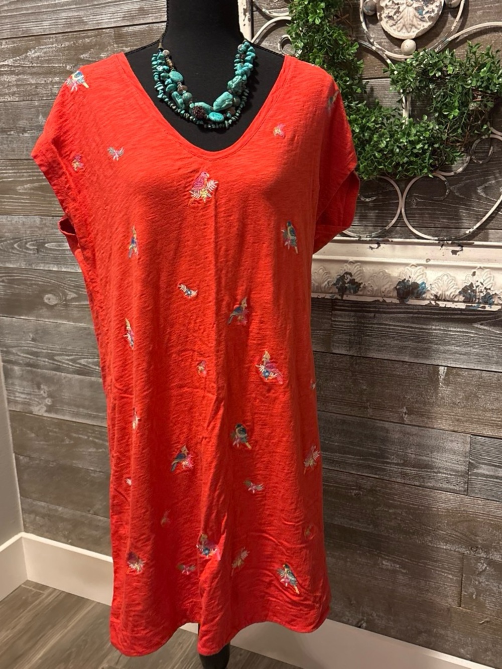 Boden Women’s (Size 12) Red Coral V-Neck Embroidered Bird Dress